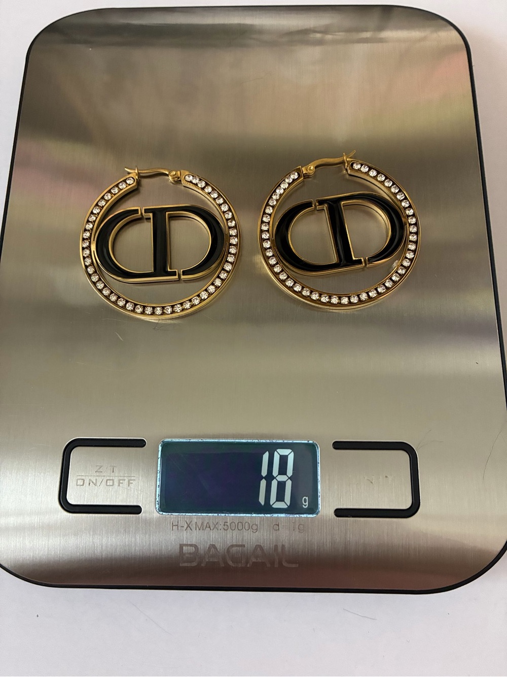 18K Gold Crystal Hoop Earrings with CD Motif - Picture 6 of 7